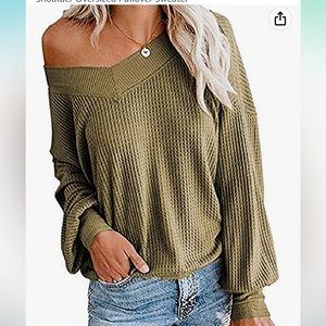 Long sleeve off the shoulder v-neck olive waffle knit sweater